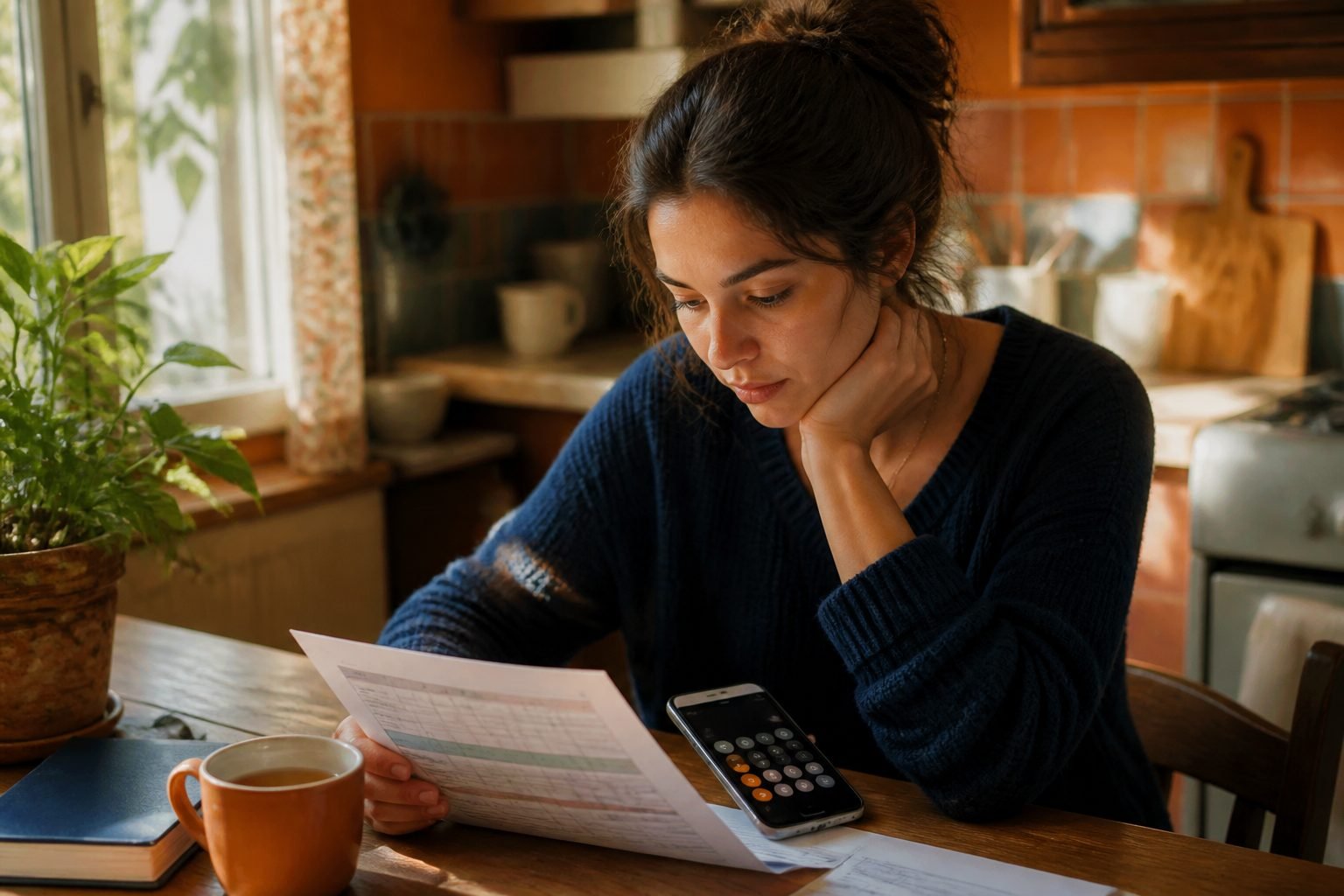Femme consultant ses factures et sa calculatrice pour faire le point sur son budget